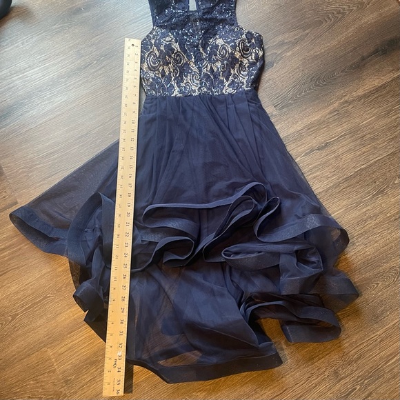 SPEECHLESS FIT & FLARE FORMAL DRESS HIGH LOW CASCADING HEM SZ 3 NAVY - Picture 8 of 10